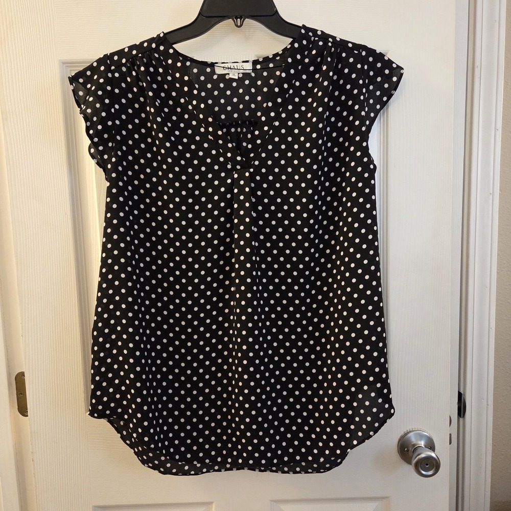 Chaus New York sz 1X blk/wht polka dot blouse flutter slv career casual chic